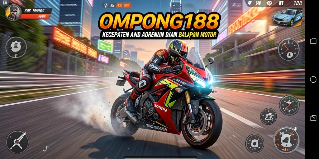 Screenshot OMPONG188 menunjukkan aksi balapan yang mendebarkan dan motor berkecepatan tinggi.