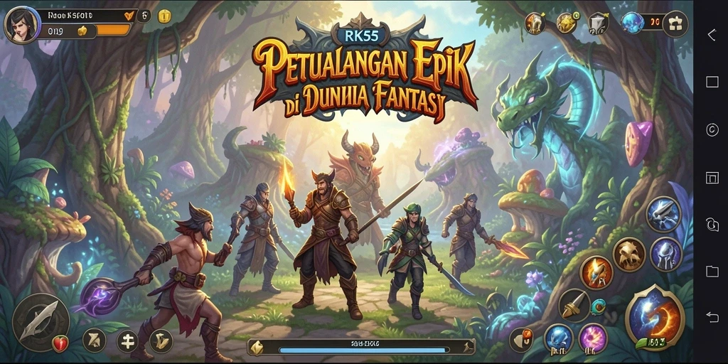 Tangkapan layar gameplay RK55 yang menampilkan pertarungan epik dan karakter menarik.